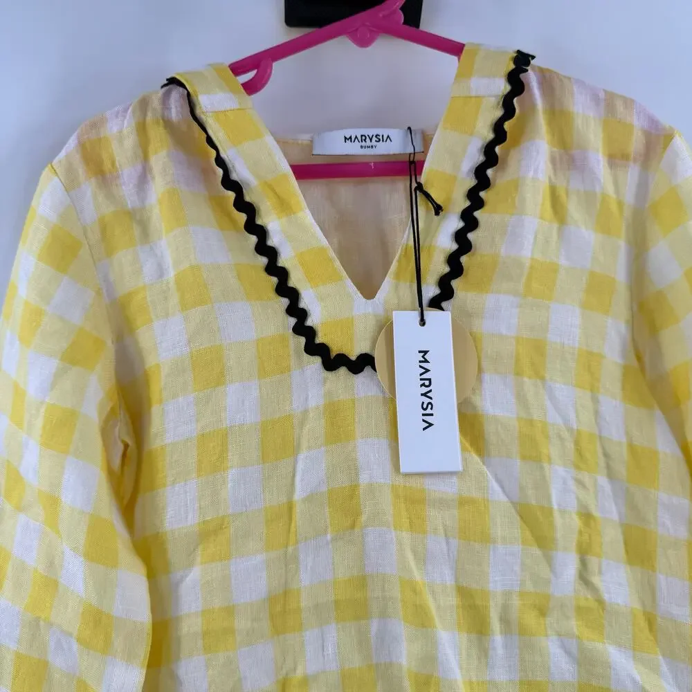 Marysia Bumby Swim x Maisonette CoverUp Size 2 Yellow Gingham Swim Rickrack NWT